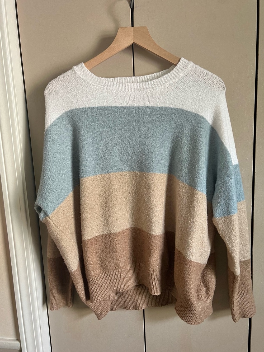 Pink Lily Striped Crewneck Sweater - White, Light Blue & Tan